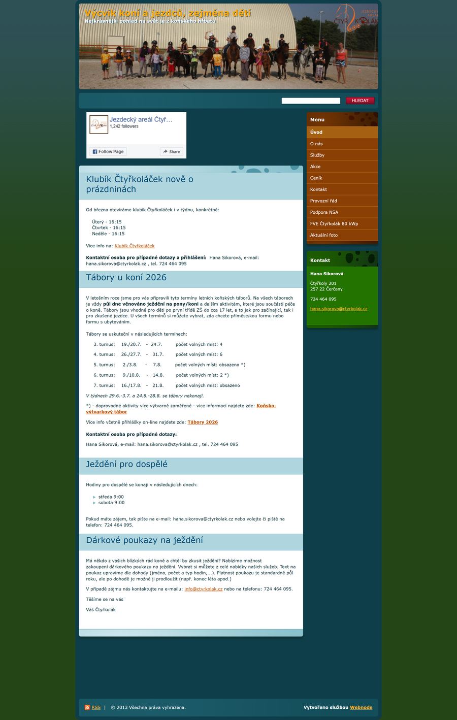Původní web jízdárny Čtyřkolák — zastaralý design z webnode šablony